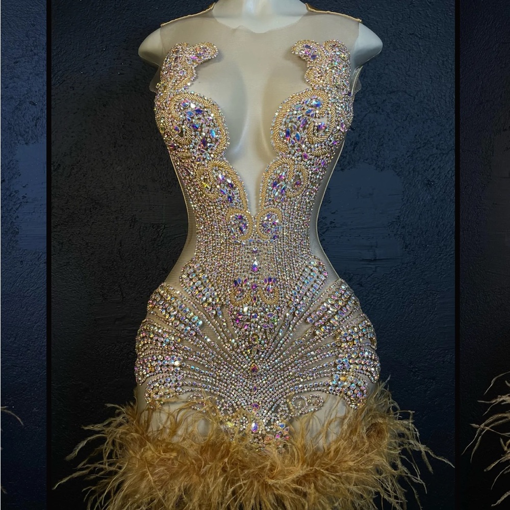 GOLD DIAMOND DRESS WITH GOLD FEATHERS WORN ONCE, GREAT CONDITION